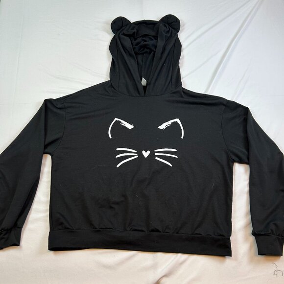 Tops - Black Cat Ear Hoodie Size M Cropped Graphic Goth Street Style